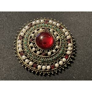 Vintage Arthur Pepper Rhinestone Red Cabochon Center Brooch